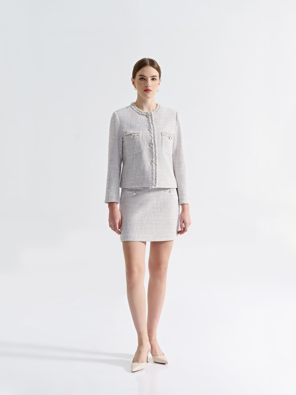 SYLVIA COLLARLESS DOUBLE POCKETS TWEED JACKET