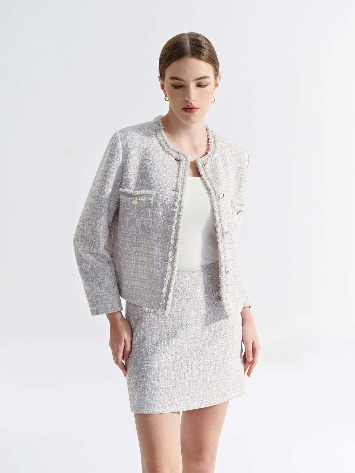 SYLVIA COLLARLESS DOUBLE POCKETS TWEED JACKET